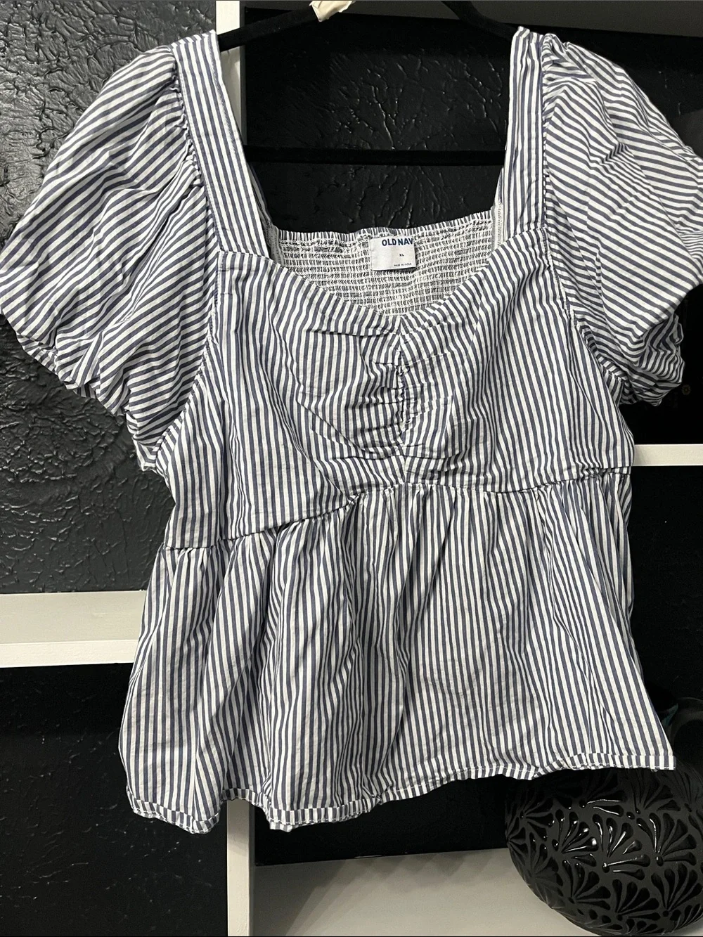 Old Navy Navy & White Striped Puff Sleeve Peplum Top